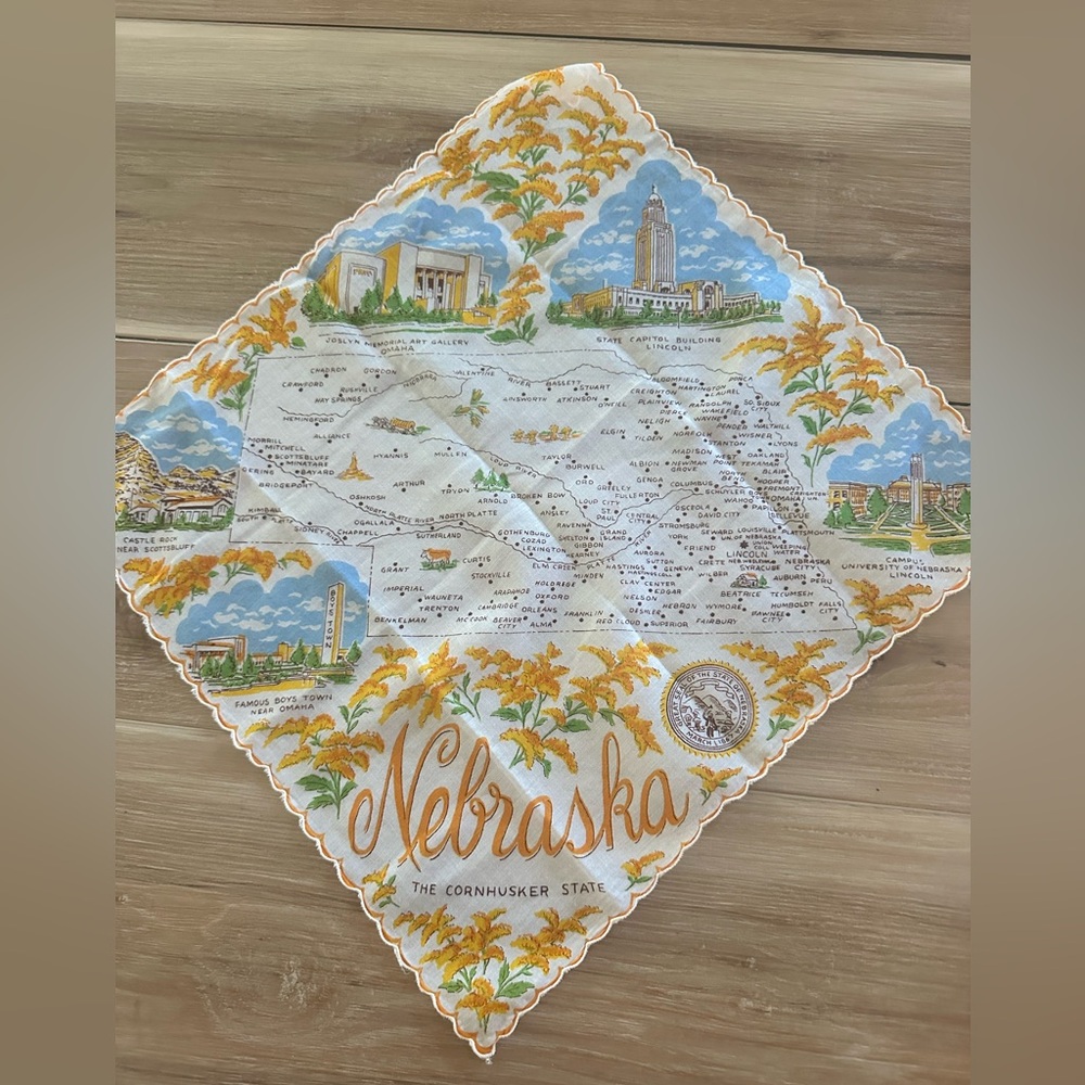 Vintage 6Os Nebraska Souvenir Handkerchief